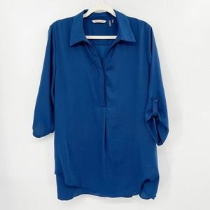 Soft Surroundings Tunic Blouse Blue Size L Roll‎ Tab 3/4 Sleeve V-neck Pleated